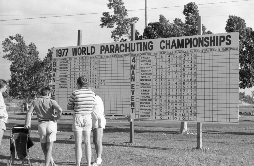 Scoreboard at the Formation Skydiving World Championships, Gatton, November 1977