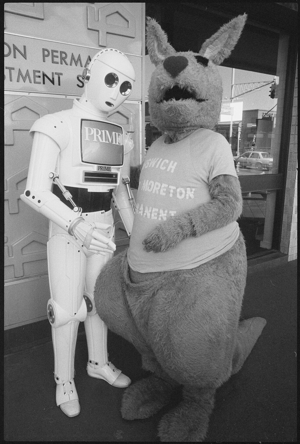 Prime Computer mascot and Katie Kangaroo, mascot for Ipswich &amp; West Moreton Building Society, Ipswich, July 1985