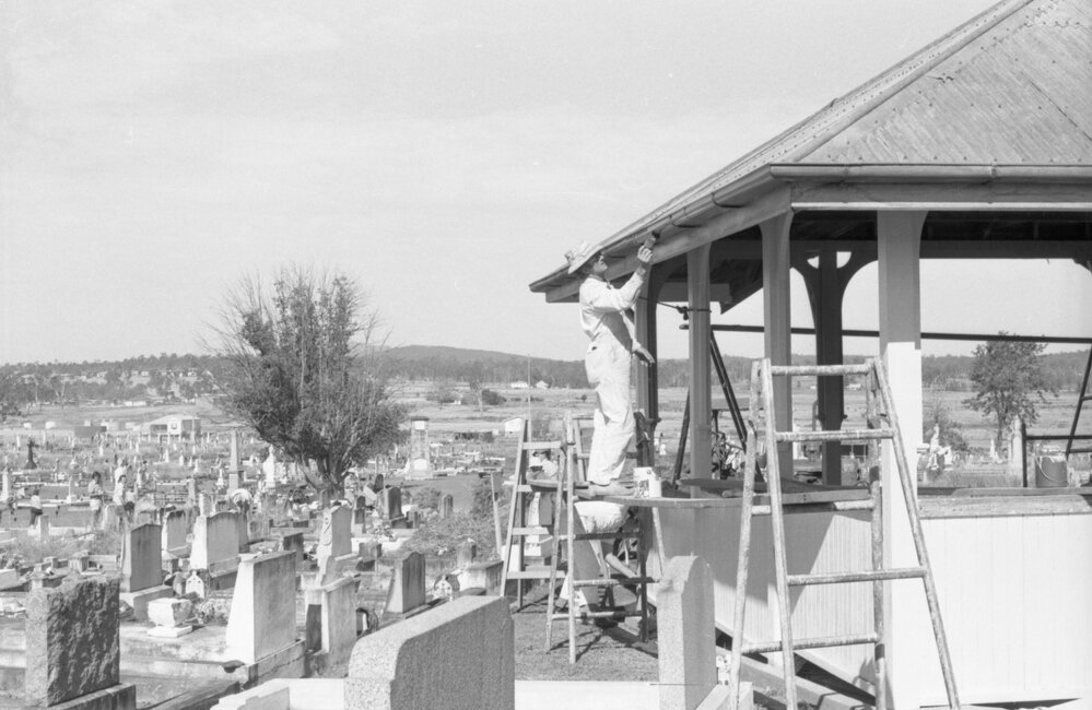 Man painting gazebo during Ipswich General Cemetery 'Clean-Up' campaign, Ipswich, 18th June 1977