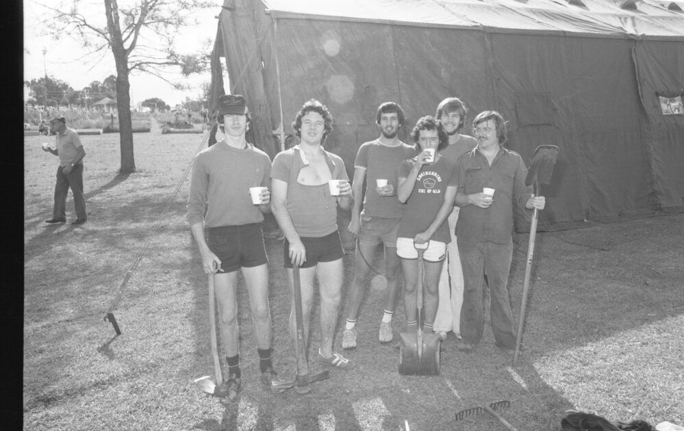 Workers taking lunch during Ipswich General Cemetery 'Clean-Up' campaign, Ipswich, June 1977