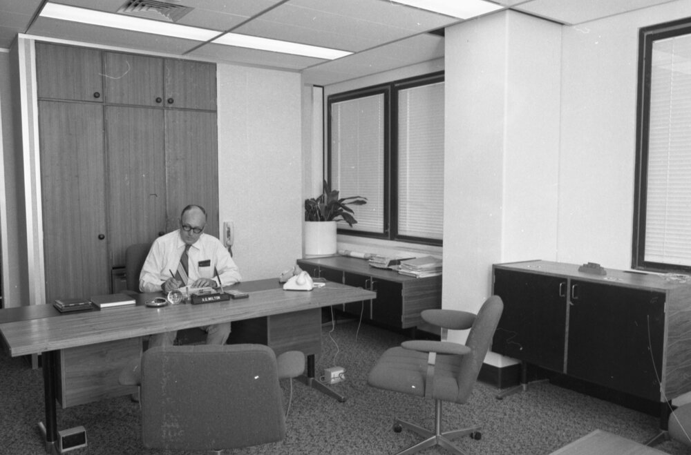 Ipswich City Administrator A. G. Milton in his office at Ipswich City Council, Ipswich, January 1978