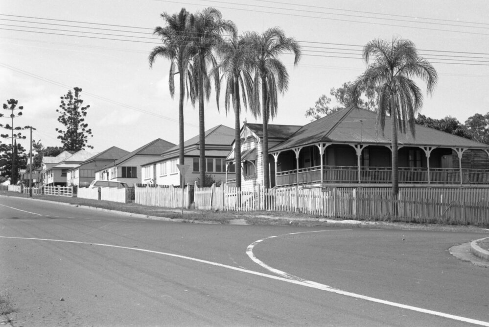 Streetscape with palm trees, Ipswich, November 1977