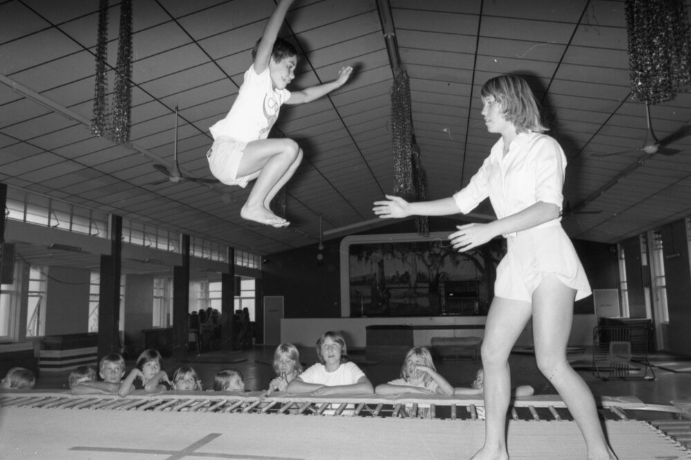 Trampoline gymnastics at the PCYC, Eastern Heights, November 1977