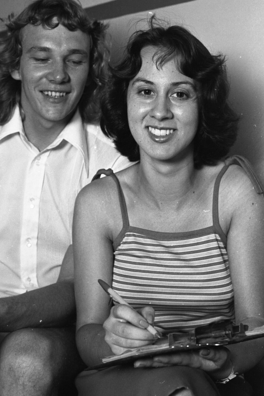 Unidentified man and woman with clipboard, Ipswich, Queensland, February 1978