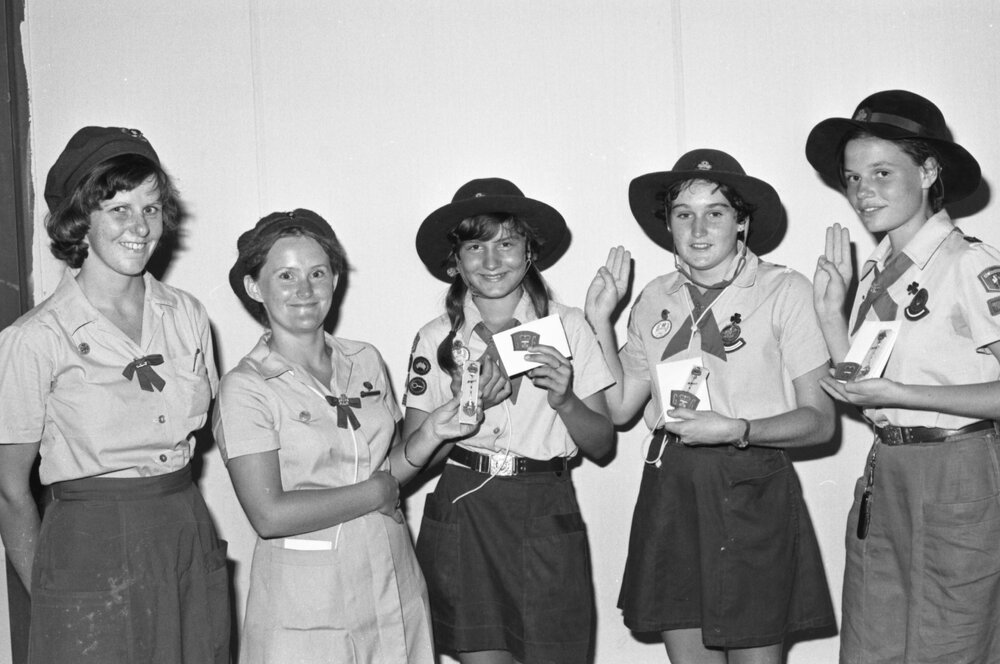Ipswich Girl Guides award ceremony for Helen, Michelle, and Cindy, Ipswich, February 1978