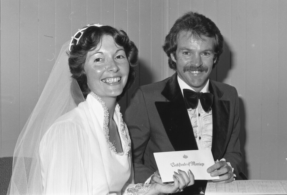 Newlywed couple Peter Leonard and Karen Leonard (nee Hales), Ipswich, Queensland, February 1978
