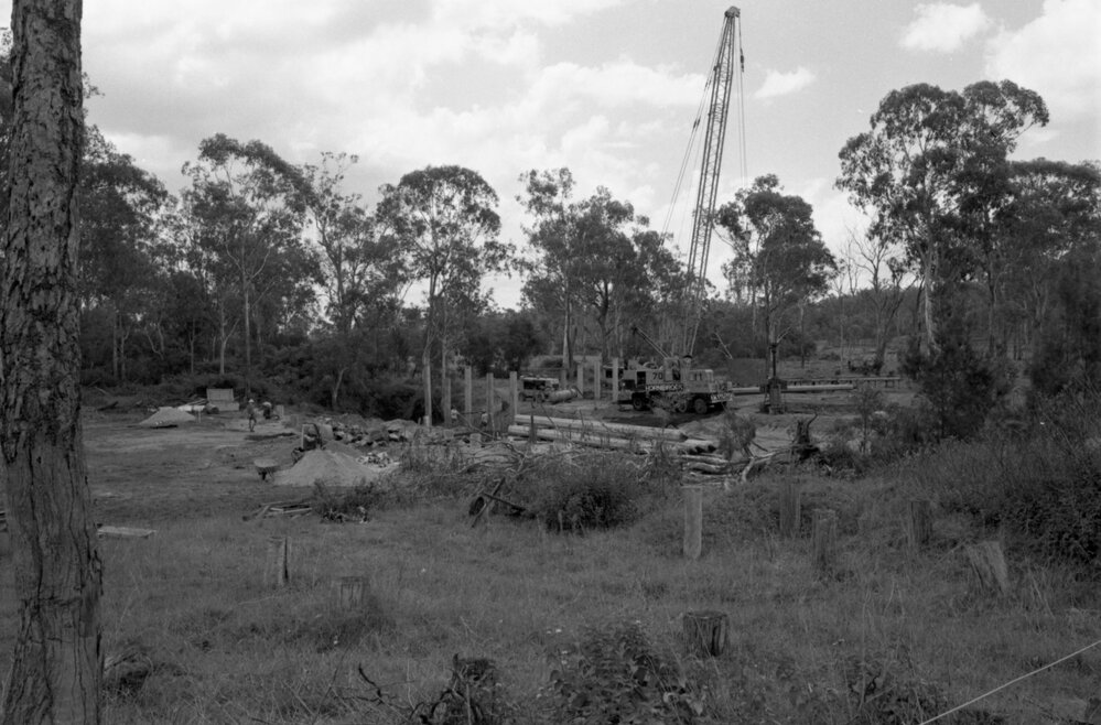 Workers constructing a bridge at an unidentified mine, Ipswich, Queensland, 14th February 1978