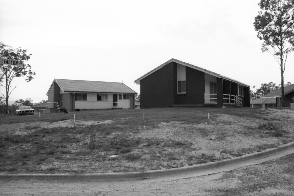 Houses at the corner of Coutts Street and Fallon Court, Goodna, Ipswich, February 1978