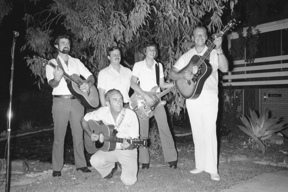 Men of the Lawrance Family performing country and western music, Ipswich, February 1978