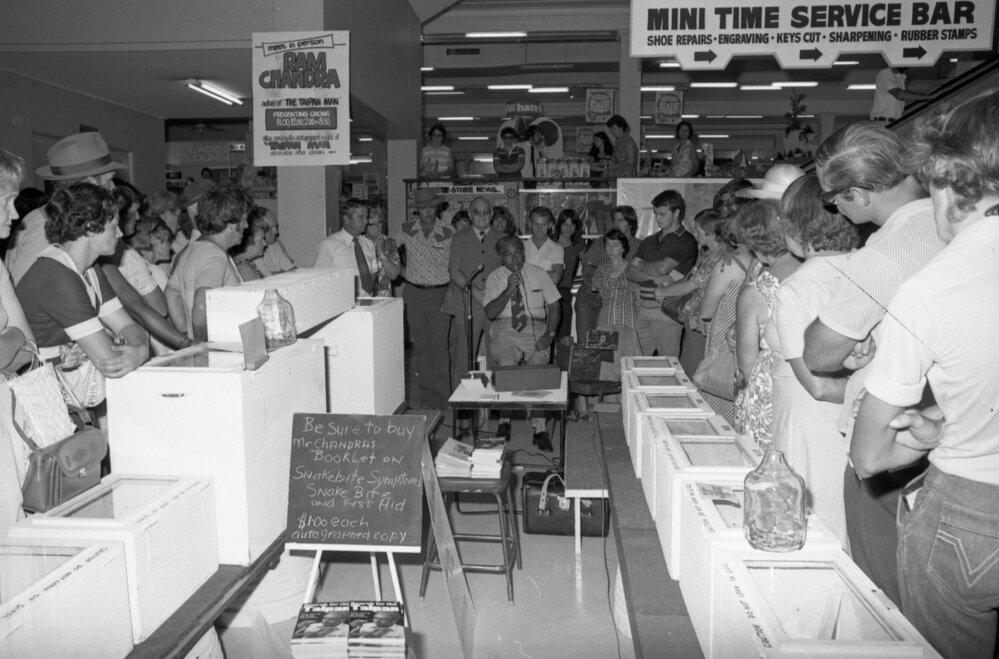 Mayor Hastings attends Snake Demonstration by Ram Chandra, 'the Taipan Man', at Reid's Department Store, Ipswich, February 1978