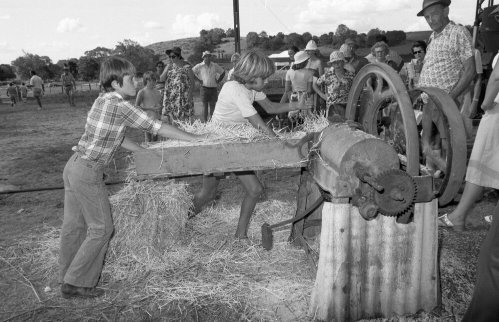 Unidentified boys feed an antique hay press at an unidentified horse event, Ipswich, February 1978