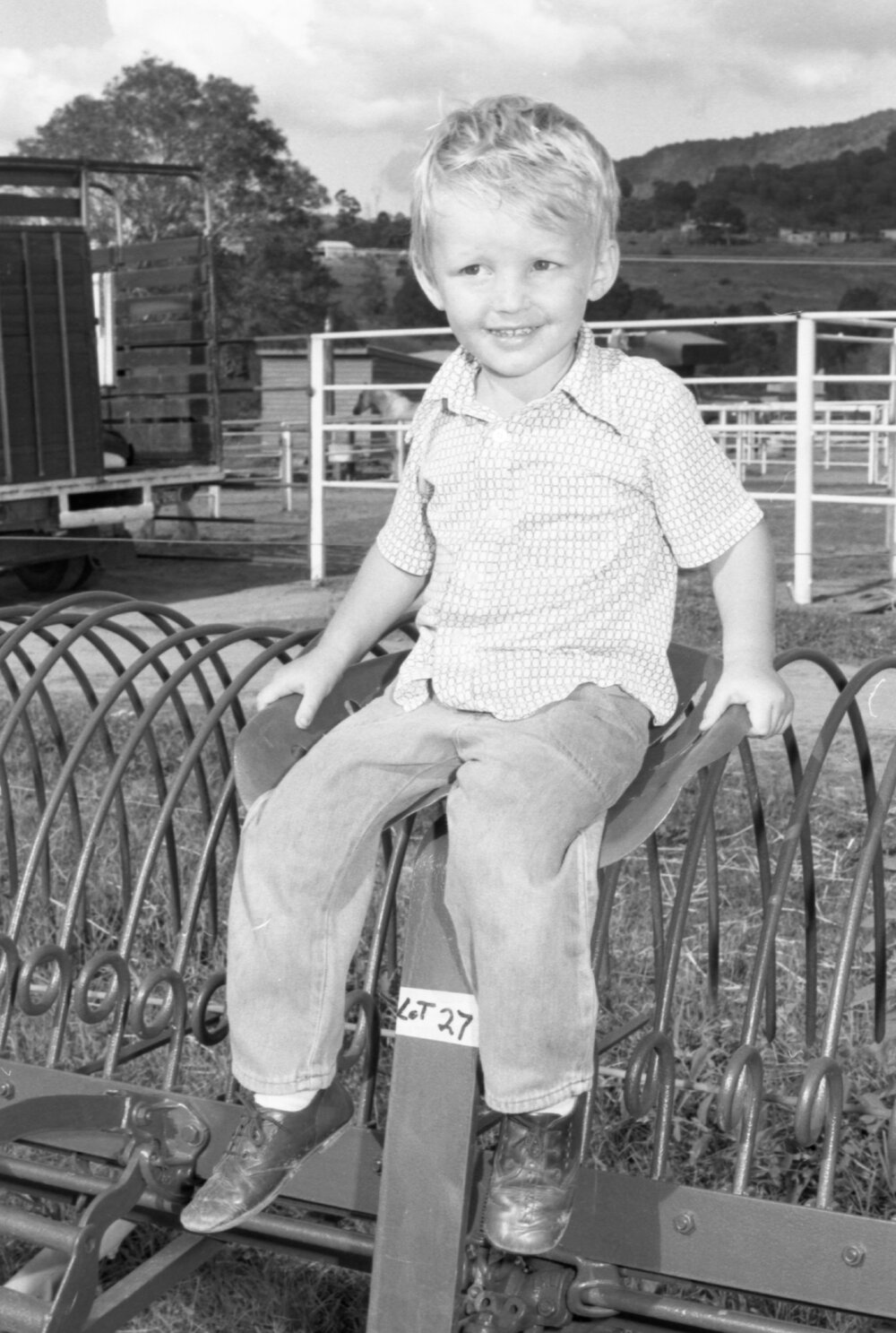 Unidentified little boy sitting on a horse-drawn dump rake for sale at an unidentified horse event, Ipswich, February 1978