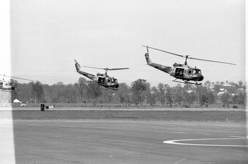 Helicopters taking off at RAAF Base, Amberley, October 1977