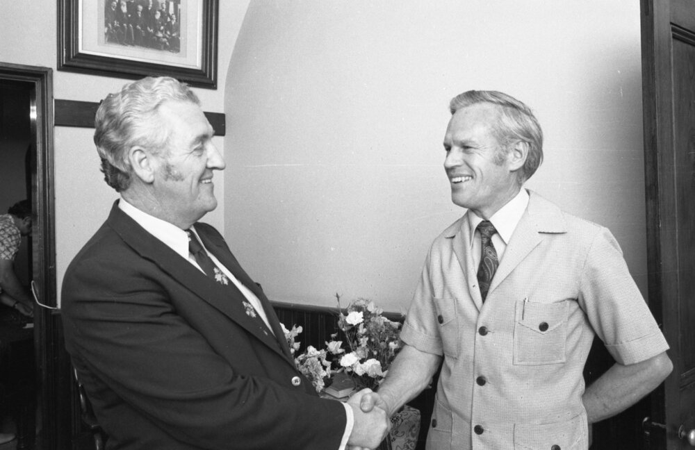 Thought to be Craig Skinner shaking hands with Reverend Charles, Ipswich, 2nd October 1977