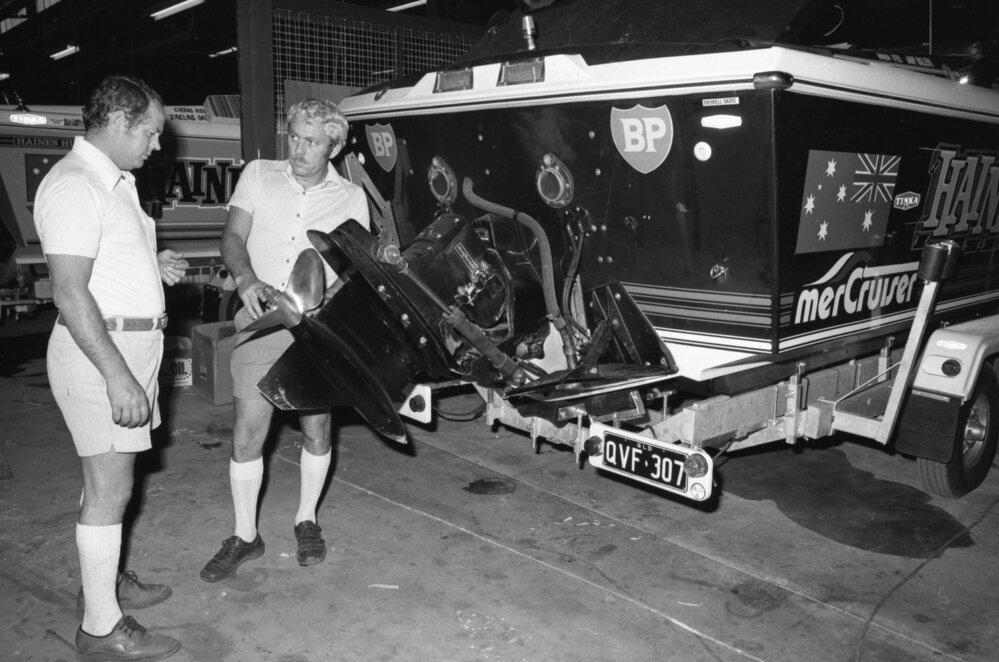 Two unidentified men with high powered boat, Ipswich, October 1977