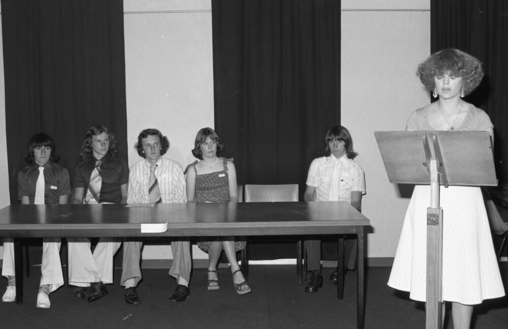 Bremer High School Year 12 Accounting students giving a presentation, Silkstone, Ipswich, Queensland, October 1977