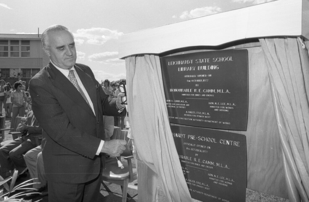 Ronald Ernest (Ron) Camm at the opening ceremony of Leichhardt State School Library, Leichhardt, 9th October 1977