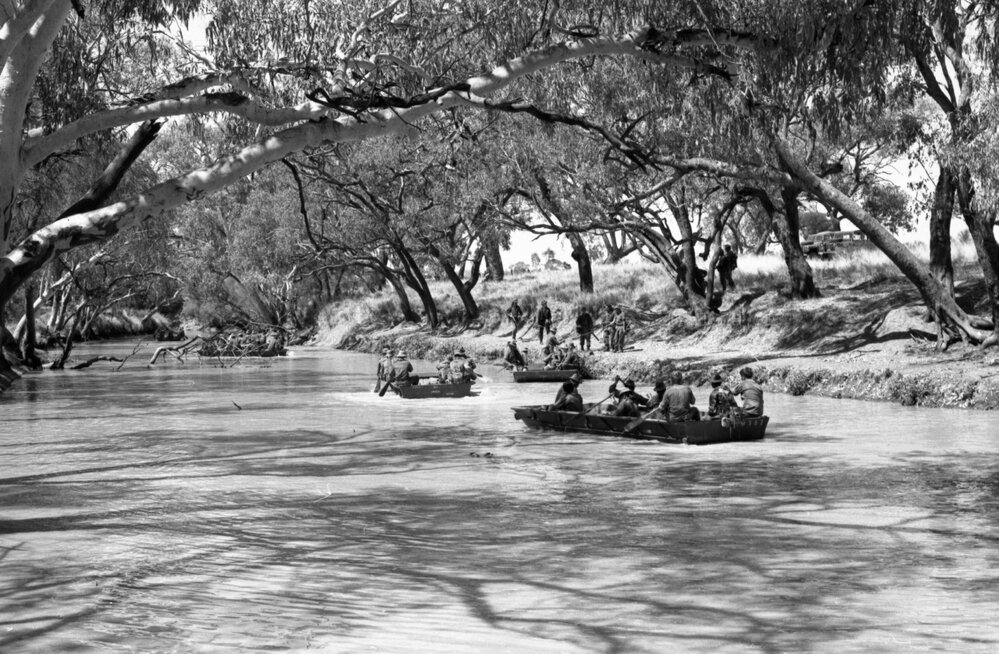 Australian Army practicing travel on the Warrego river, Charleville,10th  October 1977