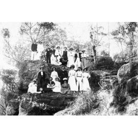 Group of people, from Ipswich, thought to be picnicking somewhere on the Brisbane River near Ipswich, 1900s