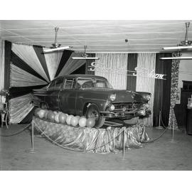 Display of a Ford Customline at Modern Motors, Ipswich, 1955