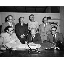 Signing the building contract for the new Congregational Church, East Street, Ipswich, 1956