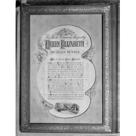 Framed illuminated address presented to the Queen Mother during her visit to Ipswich, 1958
