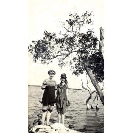 Ivy Campbell with her cousin, Queenie Jones, holidaying at Toorbul Point (currently Sandstone Point 2016), Queensland, 1919