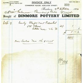 Invoice from Dinmore Pottery Limited, for Palmers Plumbing Works, Ipswich, 1930