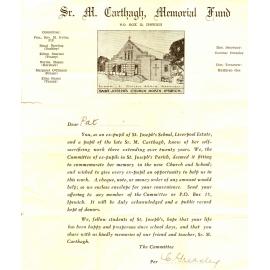 Letter requesting donations to the new St Joseph's Church memorial to Sister Carthagh, North Ipswich, c.1940