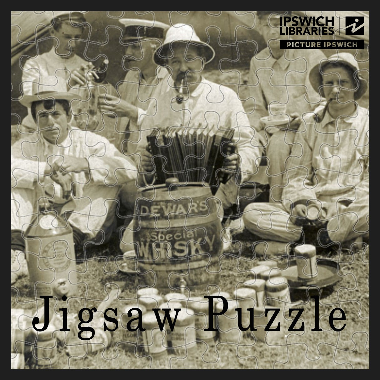 Group of men from the Motor Launch Celia at a camp, at Junction Point on the Bremer and Brisbane Rivers, Ipswich, c.1909 (Jigsaw Puzzle)