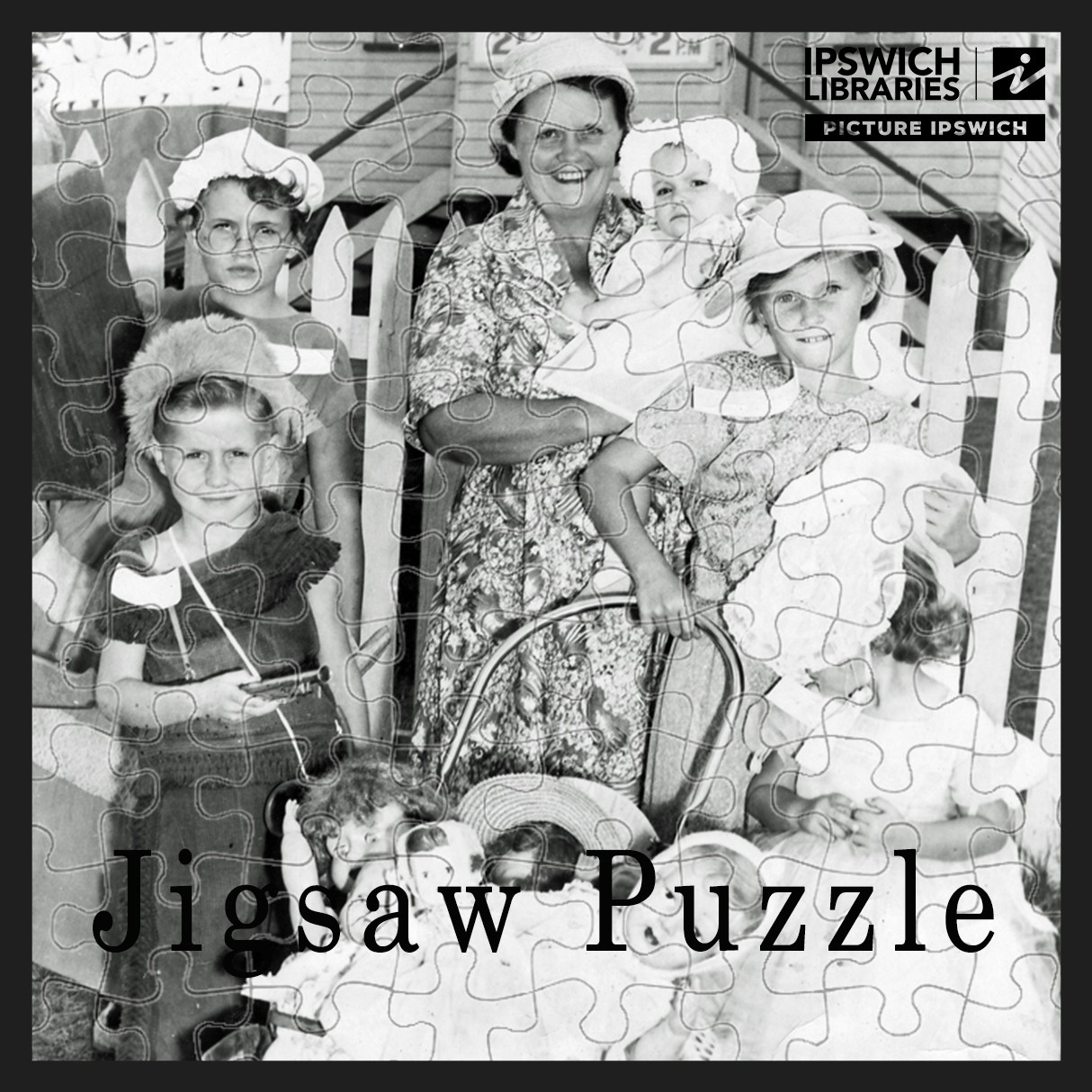 Carmody family in fancy dress at garden party at Baptist Church, Churchill, Ipswich, 1959 (Jigsaw Puzzle)
