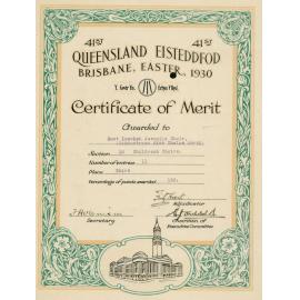 Queensland Eisteddfod, Brisbane, Certificate of Merit awarded to East Ipswich Juvenile Choir, 1930