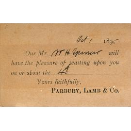 Visiting card from Parbury, Lamb & Co, addressed to Mr Bennett, Ipswich, 1895