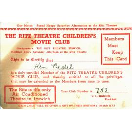 Ritz Theatre Children's Movie Club card, Ipswich, c.1940