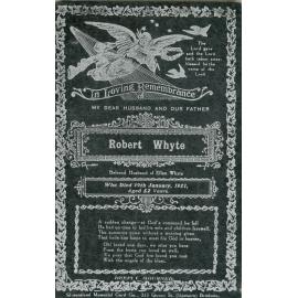 Remembrance card for Robert Whyte who died in Ipswich, 1921