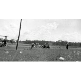 Motorcycles at Heit Park during the All Powers Handicap, Willowbank, Ipswich, 1949