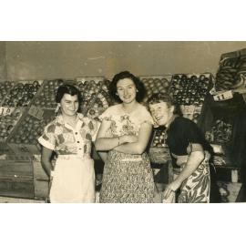 Staff, Margaret Hutchins, Shirley Lube and Glenys Beckwith in front of Ipswich Fruit Mart, Ipswich 1952-1953