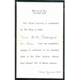 Thank you letter from the Private Secretary of King George V to Albert Edward Pettigrew for condolences sent on the death of Edward VII, 1910