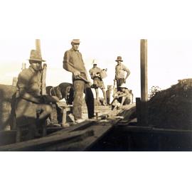 Men building a silo on the Evans farm during the coal strike, Tallegalla, near Rosewood, Ipswich, 1938