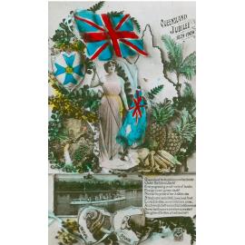 Queensland Jubilee 1859-1909 postcard, sent to William Trevis, from friend, Alice, Blackstone, Ipswich, c.1909 - 1910