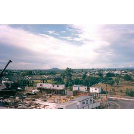 View of construction site, towards North Ipswich, during revitalisation of CBD, Ipswich 1987