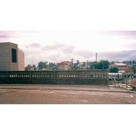 View of Nicholas Street bridge and the cast iron railings, just prior to demolition of the area for the construction of the Mall, Ipswich, 1987