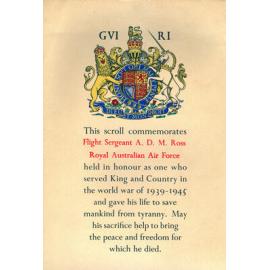 Memorial Scroll commemorating Flight Sergeant Angus Donald Mackay Ross, who died in 1943.