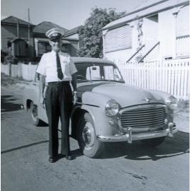 Jack McMahon, Ambulance Officer, in front of home, Ipswich, 1960