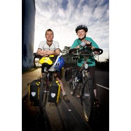 Roland Smith (left) of Melbourne is riding from Melbourne to Rio de Janeiro to raise money and awereness about living sustainably on earth. Also pictured is Cassie McMahon of Ipswich who is helping Roland through this leg of the journey, November 2010