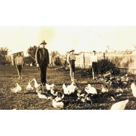 Bevan, Edwin, Dick and Alan Steele, in family backyard of Bridge Street, Booval, 1930