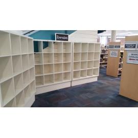 Usual Reserved Items Shelving - difficult to social distance, Ipswich Libraries, May 2020