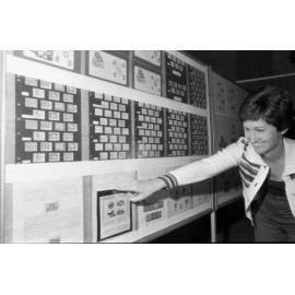 Thought to be Helen Taylor with a stamp display, Ipswich, September 1981