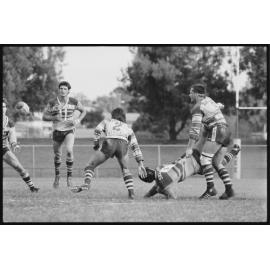 Thought to be a rugby game with Ipswich Jets players versus an unidentified team, North Ipswich Reserve, North Ipswich, September 1987