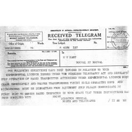 Telegram regarding radios during second world war, 1939